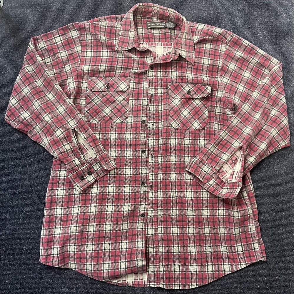 David Taylor Plaid Flannel Shirt Mens XLT Red Long Sleeve Casual Button Up